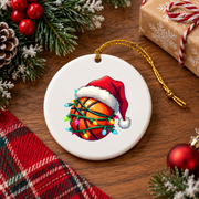 Basketball Santa Family Christmas Glass Ornament - Material: Circle Ceramic Ornament