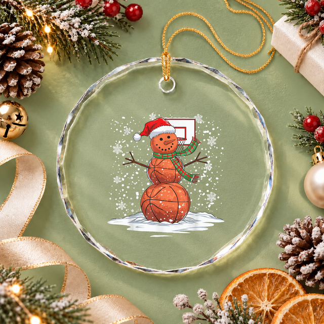 Basketball Snowman Christmas Sports Glass Ornament - Material: Circle Glass Ornament