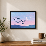 Bats Flying at Night Wall Art Pink Halloween Poster Colorful Spooky Cute Poster - Format: Black Framed Poster