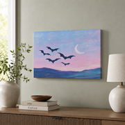 Bats Flying at Night Wall Art Pink Halloween Poster Colorful Spooky Cute Poster - Format: Stretched Canvas