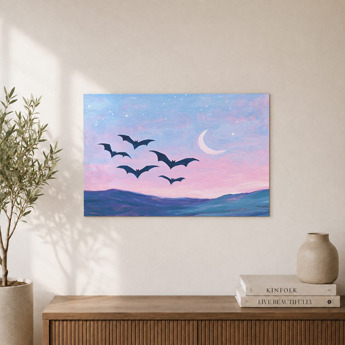 Bats Flying at Night Wall Art Pink Halloween Poster Colorful Spooky Cute Poster - Format: Unframed Paper Poster