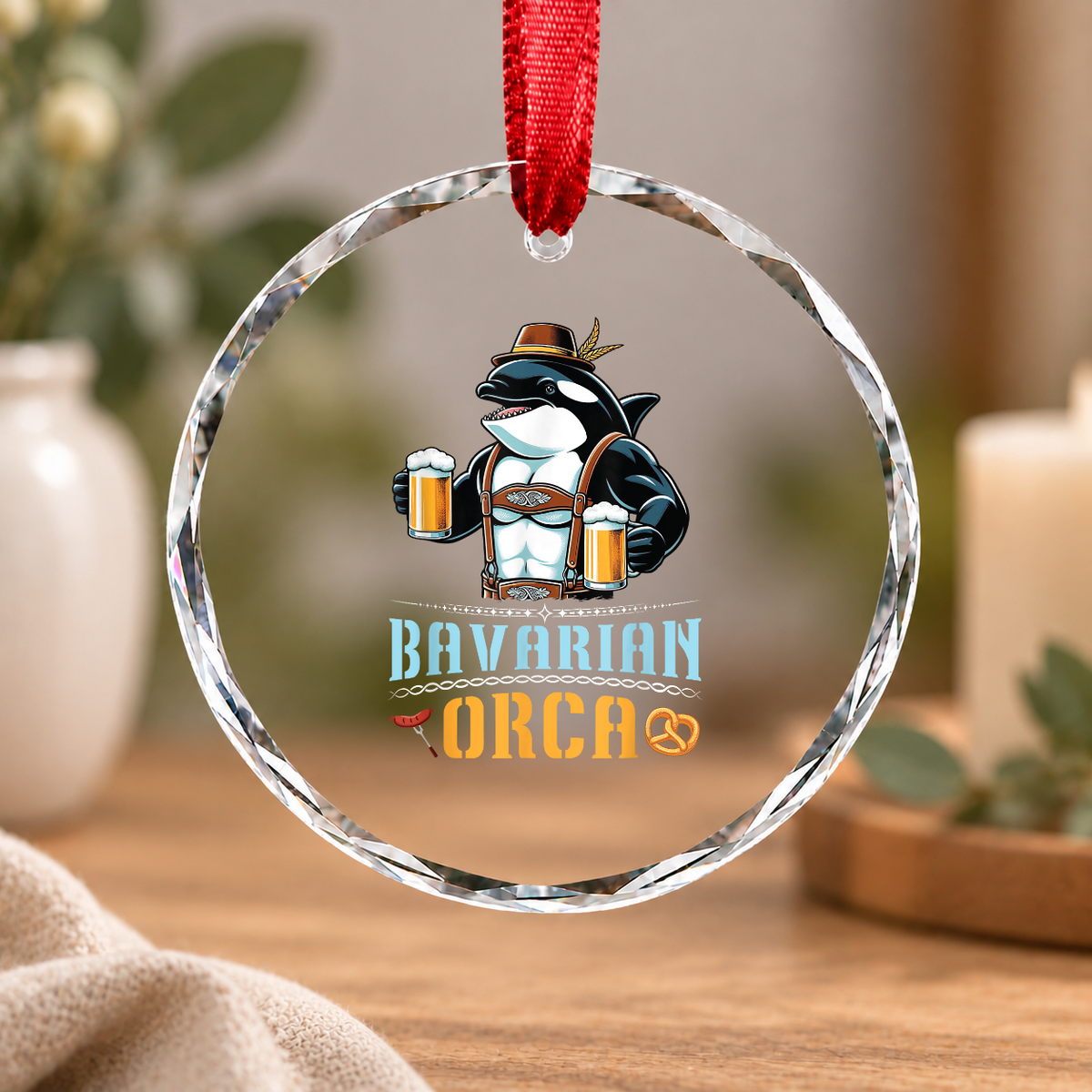 Bavarian Beer Orca Oktoberfest Festival Glass Ornament - Material: Circle Glass Ornament
