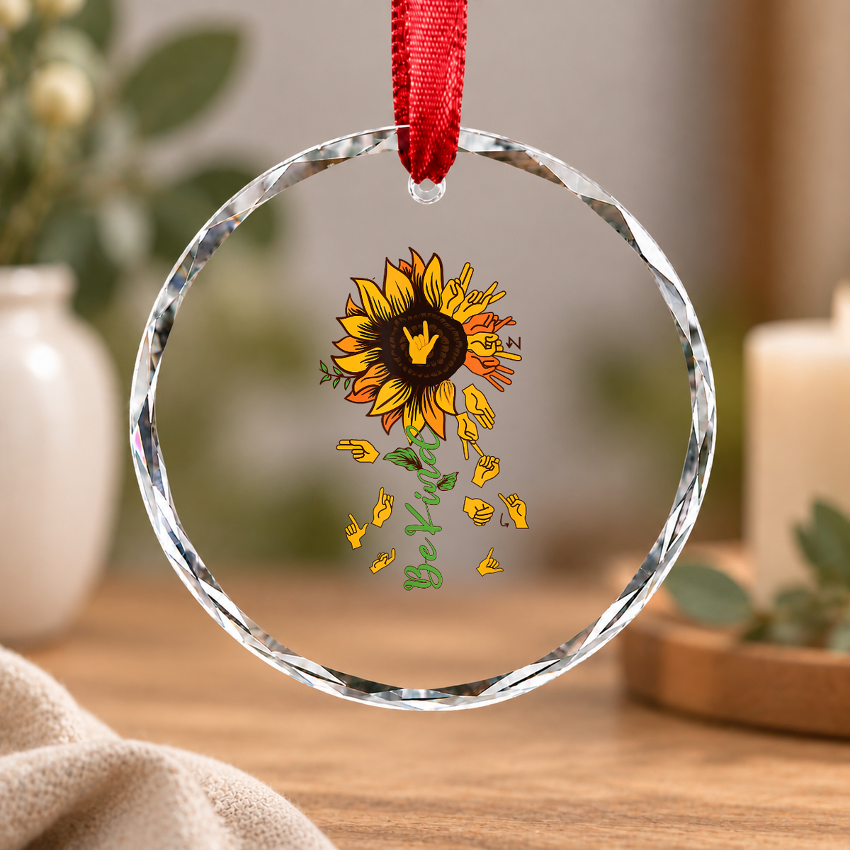 Be Kind Sunflower ASL Sign Language Glass Ornament - Material: Circle Glass Ornament