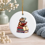 Bearded Dragon Reading Books Book Lover Glass Ornament - Material: Circle Ceramic Ornament