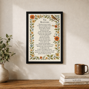 Beatitudes Christian Wall Art, Vintage Floral Bird Matthew 5 Poster - Format: Black Framed Poster