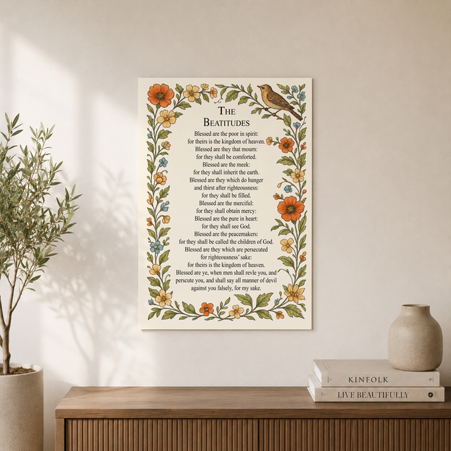 Beatitudes Christian Wall Art, Vintage Floral Bird Matthew 5 Poster - Format: Unframed Paper Poster