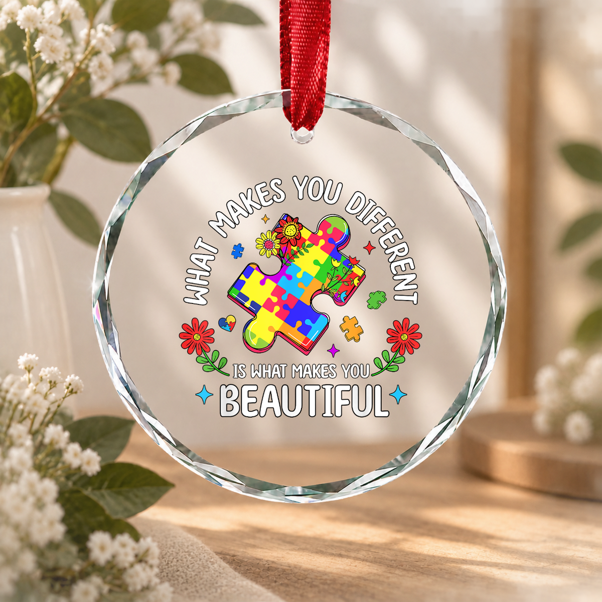 Beautiful Puzzle Autism Awareness Ornament Glass Ornament - Material: Circle Glass Ornament