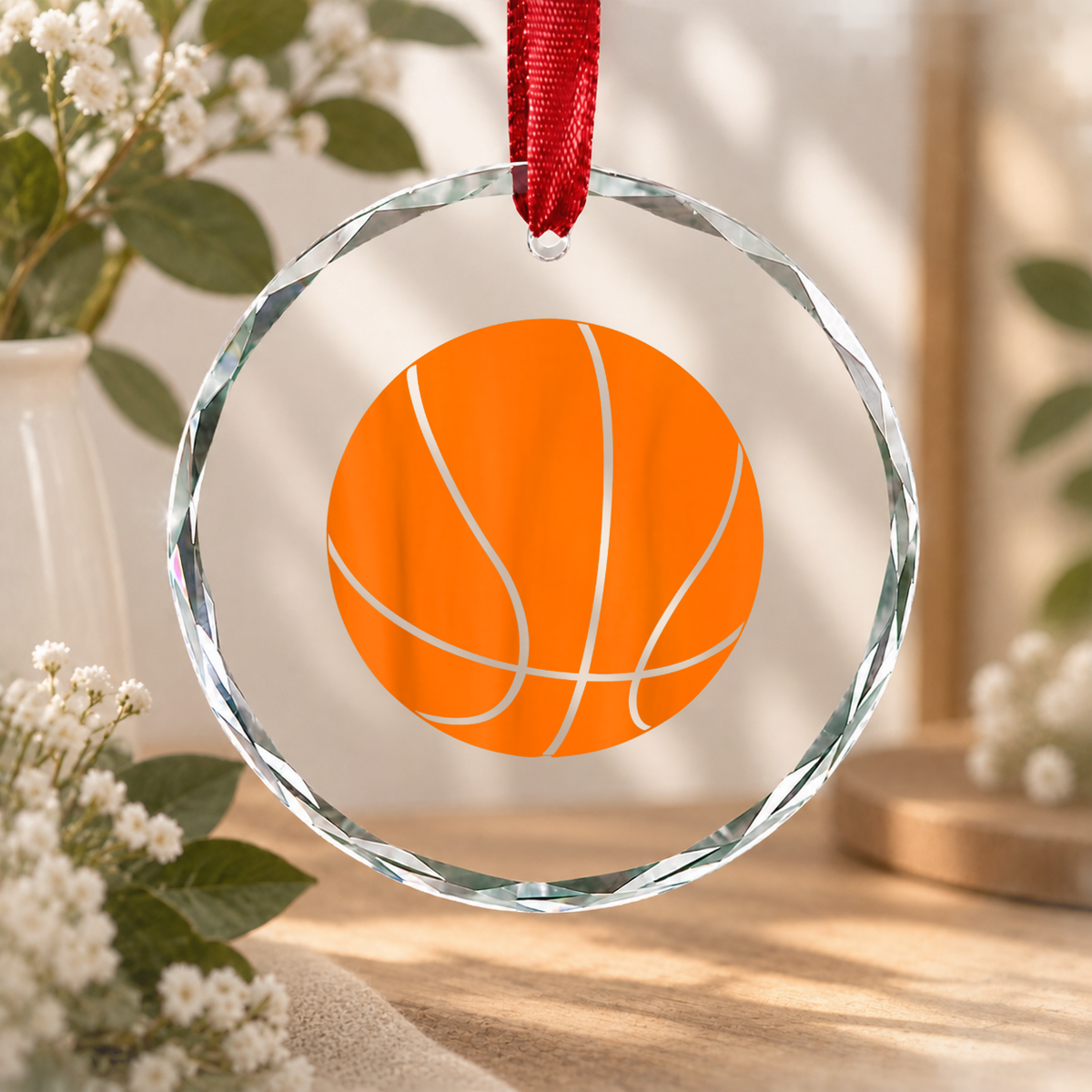Big Orange Basketball Sports Gift Glass Ornament - Material: Circle Glass Ornament