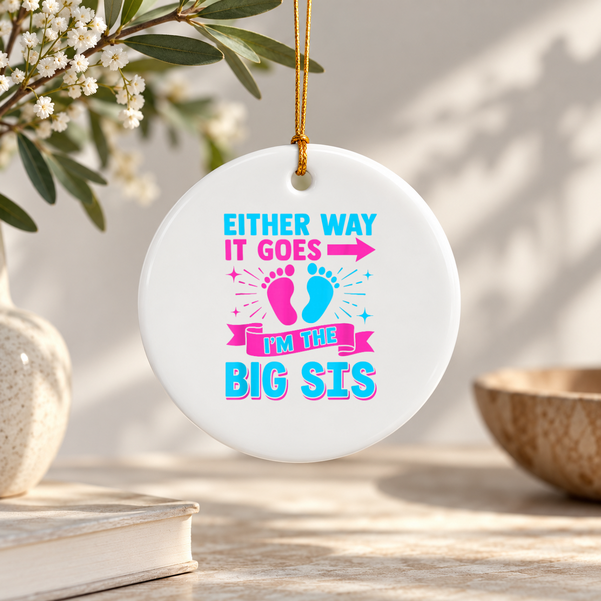 Big Sister Pregnancy Announcement Keepsake Ceramic Ornament - Material: Circle Ceramic Ornament