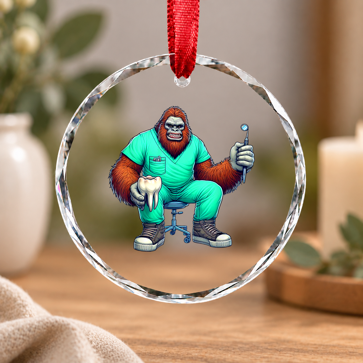 Bigfoot Dentist Dental Hygienist Funny Gift Decoration Glass Ornament - Material: Circle Glass Ornament