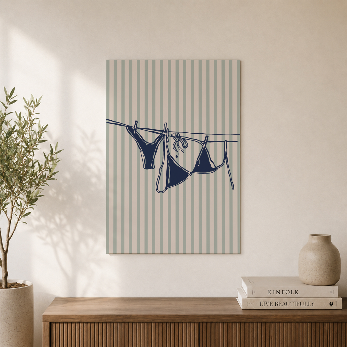 Bikini Beach Wall Art Blue Coastal Aesthetic Poster Summer Clothesline Preppy Dorm Room Decor - Format: Unframed Paper Poster