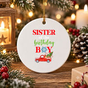Birthday Boy Christmas Truck Family Glass Ornament - Material: Circle Ceramic Ornament