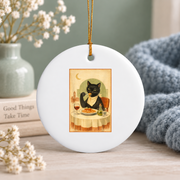 Black Cat Eating Spaghetti Funny Food Lover Glass Ornament - Material: Circle Ceramic Ornament