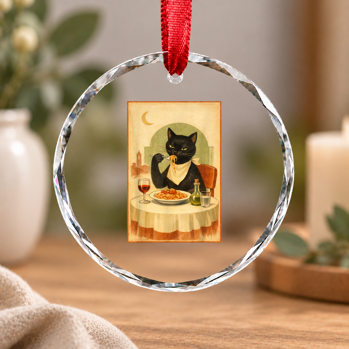 Black Cat Eating Spaghetti Funny Food Lover Glass Ornament - Material: Circle Glass Ornament