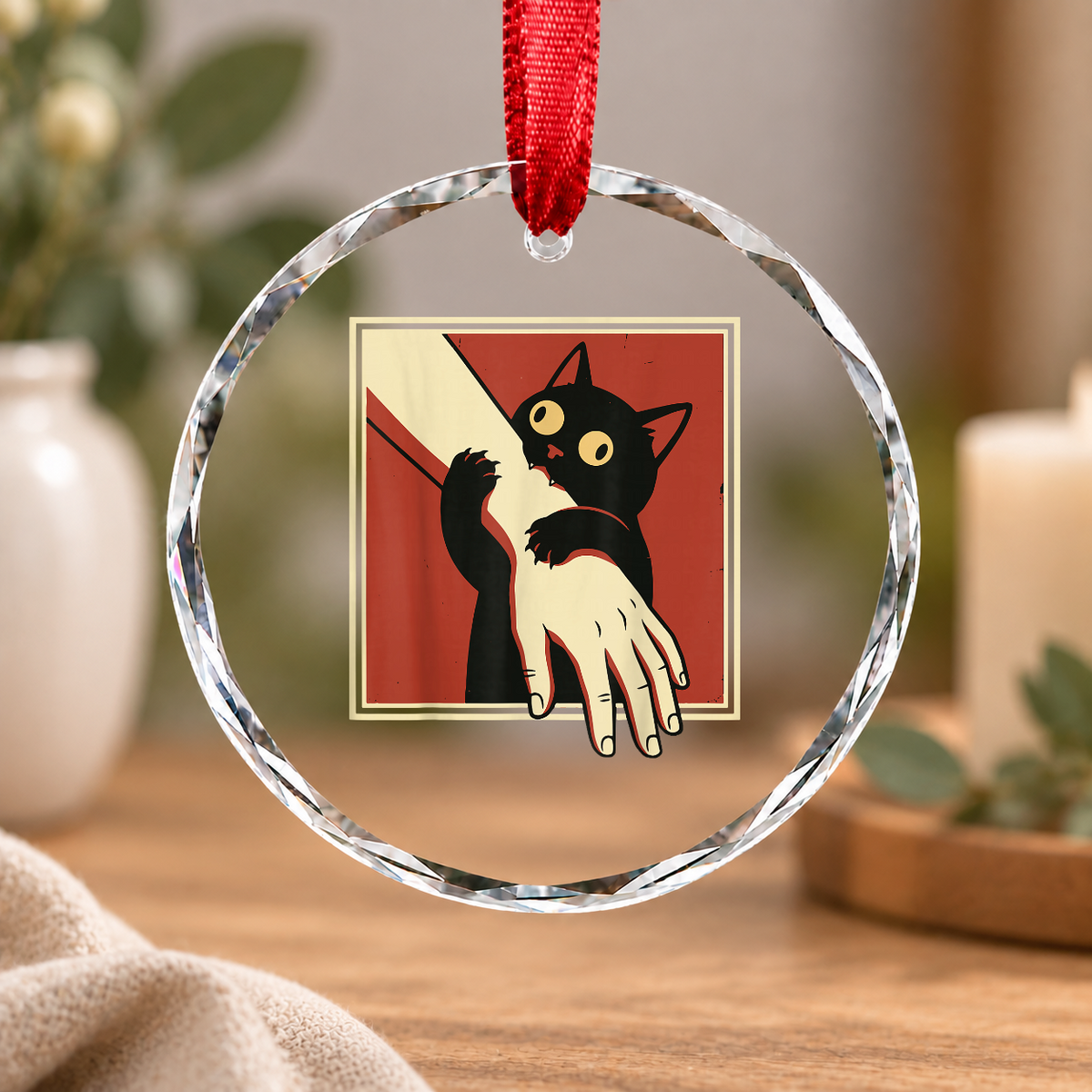 Black Cat Funny Animal Lover Glass Ornament - Material: Circle Glass Ornament