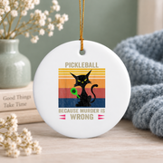 Black Cat Pickleball Funny Sports Lover Glass Ornament - Material: Circle Ceramic Ornament