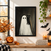 Black Cat Sitting On Ghost Shoulder Halloween Poster Spooky Ghost Wall Art Print - Format: Black Framed Poster