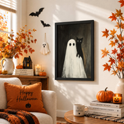 Black Cat Sitting On Ghost Shoulder Halloween Poster Spooky Ghost Wall Art Print - Format: Black Framed Poster