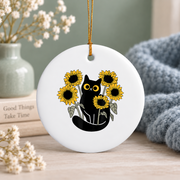 Black Cat Sunflower Floral Nature Glass Ornament - Material: Circle Ceramic Ornament