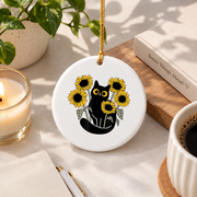 Black Cat Sunflower Floral Nature Glass Ornament - Material: Circle Ceramic Ornament