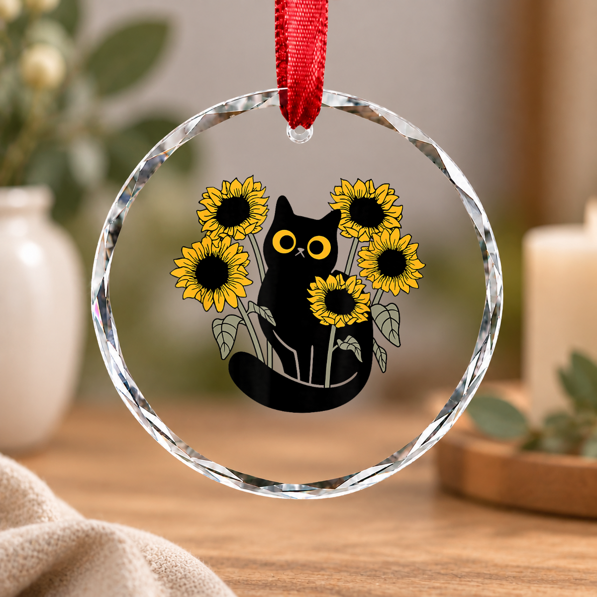 Black Cat Sunflower Floral Nature Glass Ornament - Material: Circle Glass Ornament