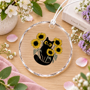 Black Cat Sunflower Floral Nature Glass Ornament - Material: Circle Glass Ornament