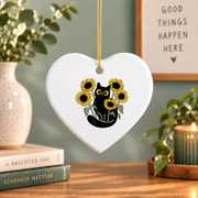 Black Cat Sunflower Floral Nature Glass Ornament - Material: Heart Ceramic Ornament