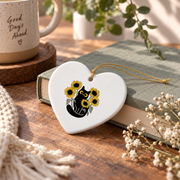 Black Cat Sunflower Floral Nature Glass Ornament - Material: Heart Ceramic Ornament