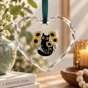 Black Cat Sunflower Floral Nature Glass Ornament - Material: Heart Glass Ornament