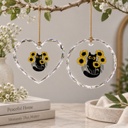 Black Cat Sunflower Floral Nature Glass Ornament - Material: Heart Glass Ornament