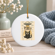 Black Cat UFO Ramen Alien Funny Glass Ornament - Material: Circle Ceramic Ornament