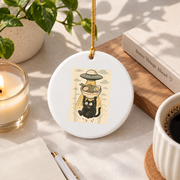 Black Cat UFO Ramen Alien Funny Glass Ornament - Material: Circle Ceramic Ornament