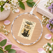 Black Cat UFO Ramen Alien Funny Glass Ornament - Material: Circle Glass Ornament