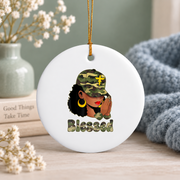 Blessed Melanin Queen Christian Faith Glass Ornament - Material: Circle Ceramic Ornament
