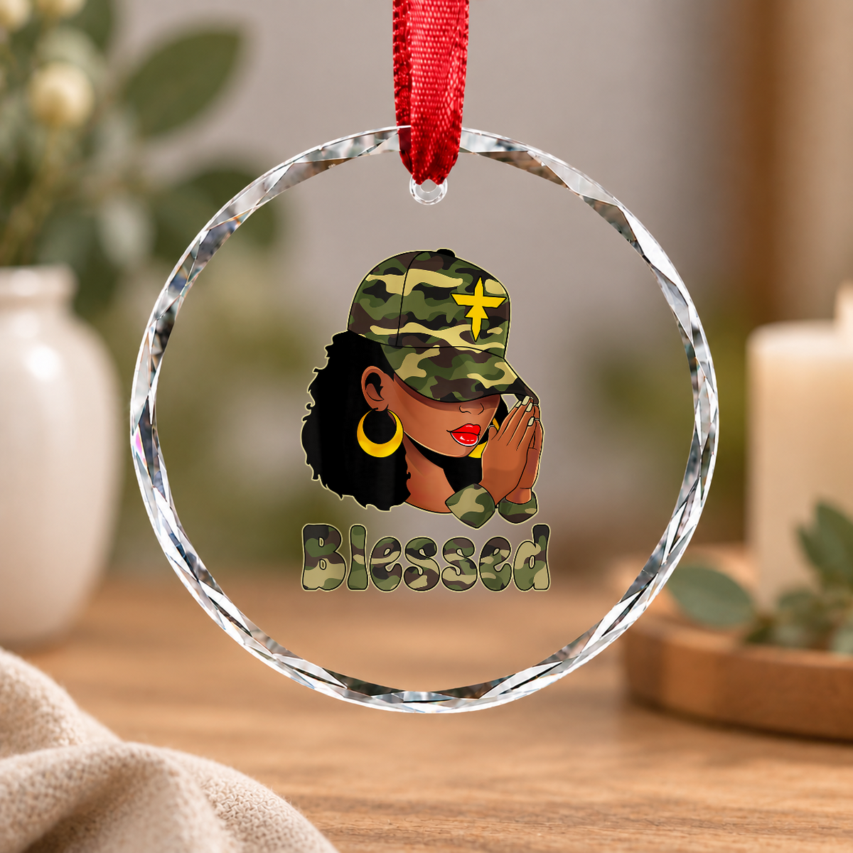 Blessed Melanin Queen Christian Faith Glass Ornament - Material: Circle Glass Ornament