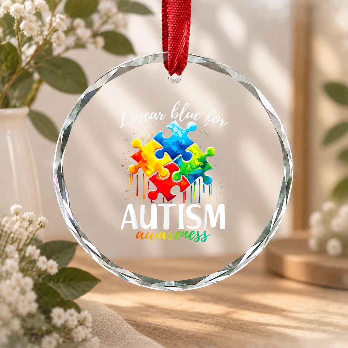 Blue Autism Puzzle Piece Awareness Ornament Glass Ornament - Material: Circle Glass Ornament