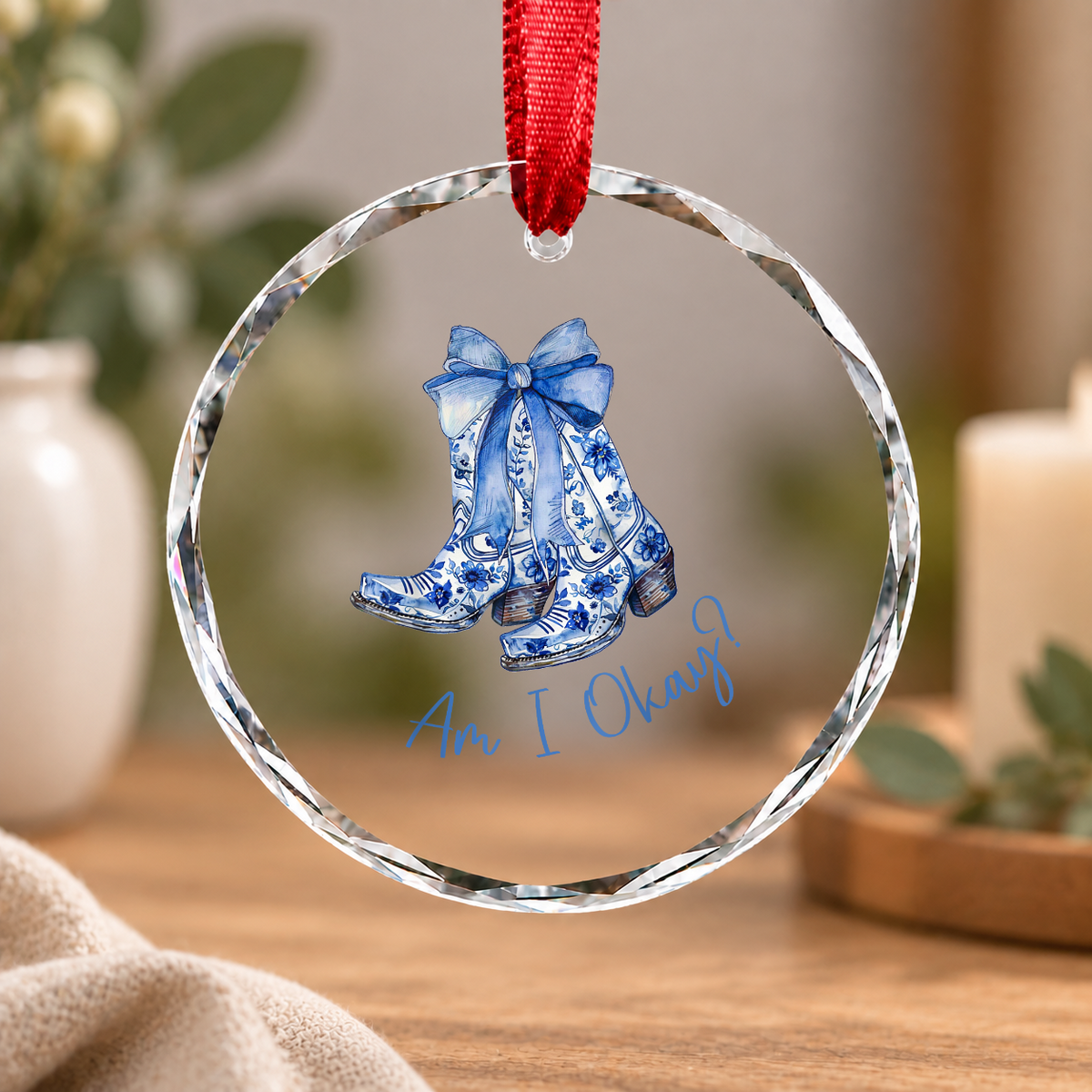 Blue Coquette Bow Cute Positive Message Gift Glass Ornament - Material: Circle Glass Ornament