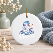 Blue Jay Bird USA Flag Patriotic Glass Ornament - Material: Circle Ceramic Ornament