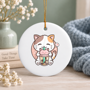 Boba Tea Cat Kawaii Milk Tea Lover Glass Ornament - Material: Circle Ceramic Ornament