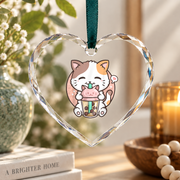 Boba Tea Cat Kawaii Milk Tea Lover Glass Ornament - Material: Heart Glass Ornament