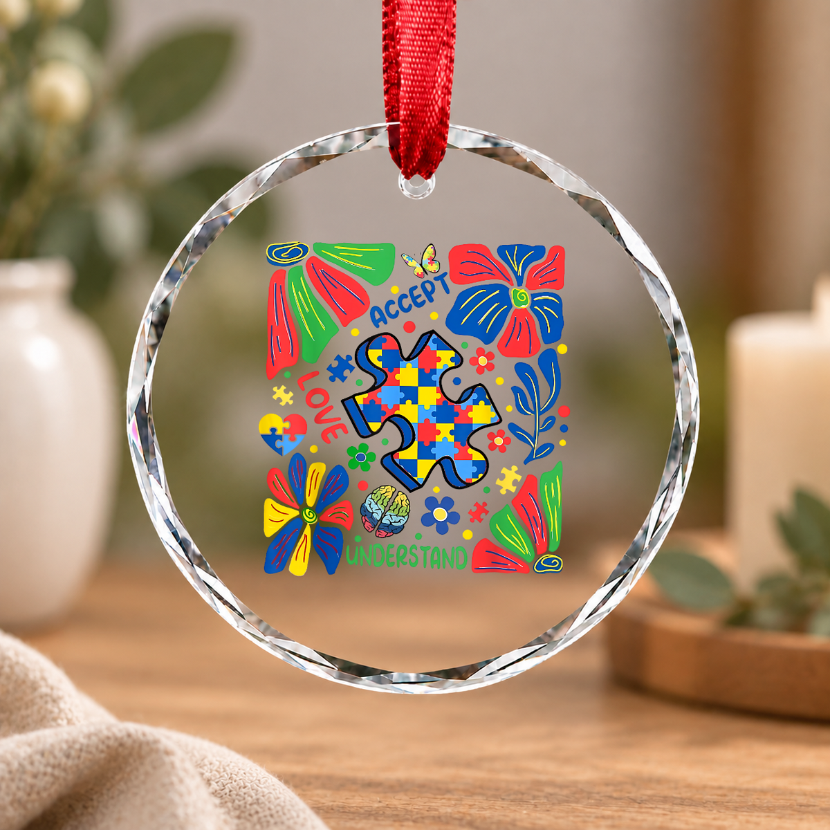 Boho Autism Awareness Puzzle Piece Glass Ornament - Material: Circle Glass Ornament