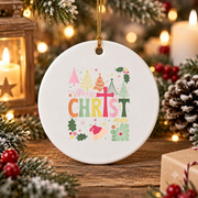 Boho Floral Christian Jesus Christmas Glass Ornament - Material: Circle Ceramic Ornament