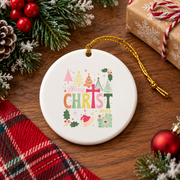 Boho Floral Christian Jesus Christmas Glass Ornament - Material: Circle Ceramic Ornament