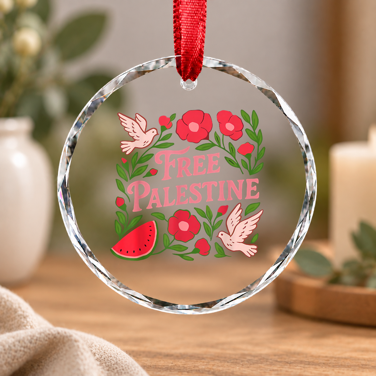 Boho Flower Watermelon Artistic Glass Ornament - Material: Circle Glass Ornament