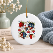 Boho Strawberry Patriotic Bow 4th July Glass Ornament - Material: Circle Ceramic Ornament