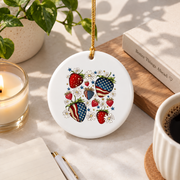 Boho Strawberry Patriotic Bow 4th July Glass Ornament - Material: Circle Ceramic Ornament