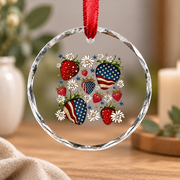 Boho Strawberry Patriotic Bow 4th July Glass Ornament - Material: Circle Glass Ornament