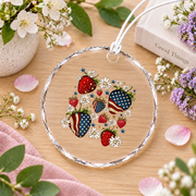 Boho Strawberry Patriotic Bow 4th July Glass Ornament - Material: Circle Glass Ornament