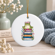 Book Lover Frog Floral Reader Glass Ornament - Material: Circle Ceramic Ornament