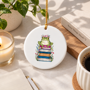 Book Lover Frog Floral Reader Glass Ornament - Material: Circle Ceramic Ornament
